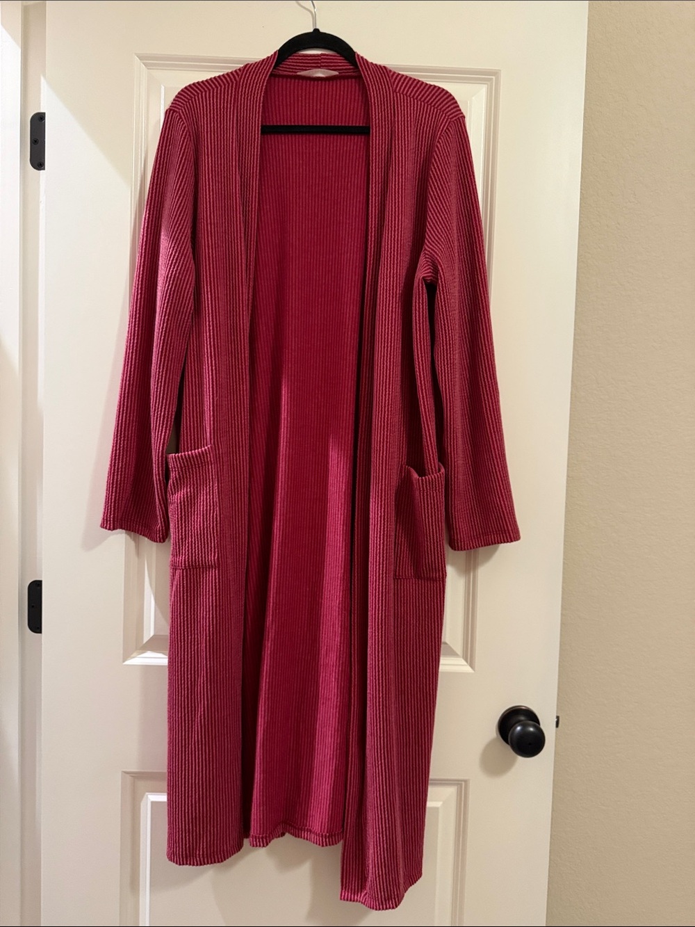 Stylive Open-Front Ribbed Long Cardigan - Heathered Red